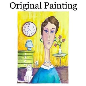 HAND CRAFTED Original Painting “Woman with White Cat” Acrylic figure with Cat